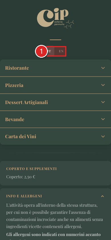 Selettore lingua sul menu pubblico mobile