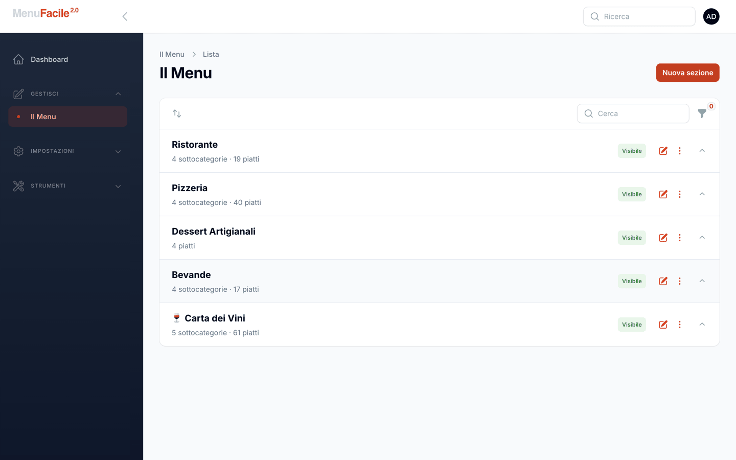 Lista delle sezioni del menu