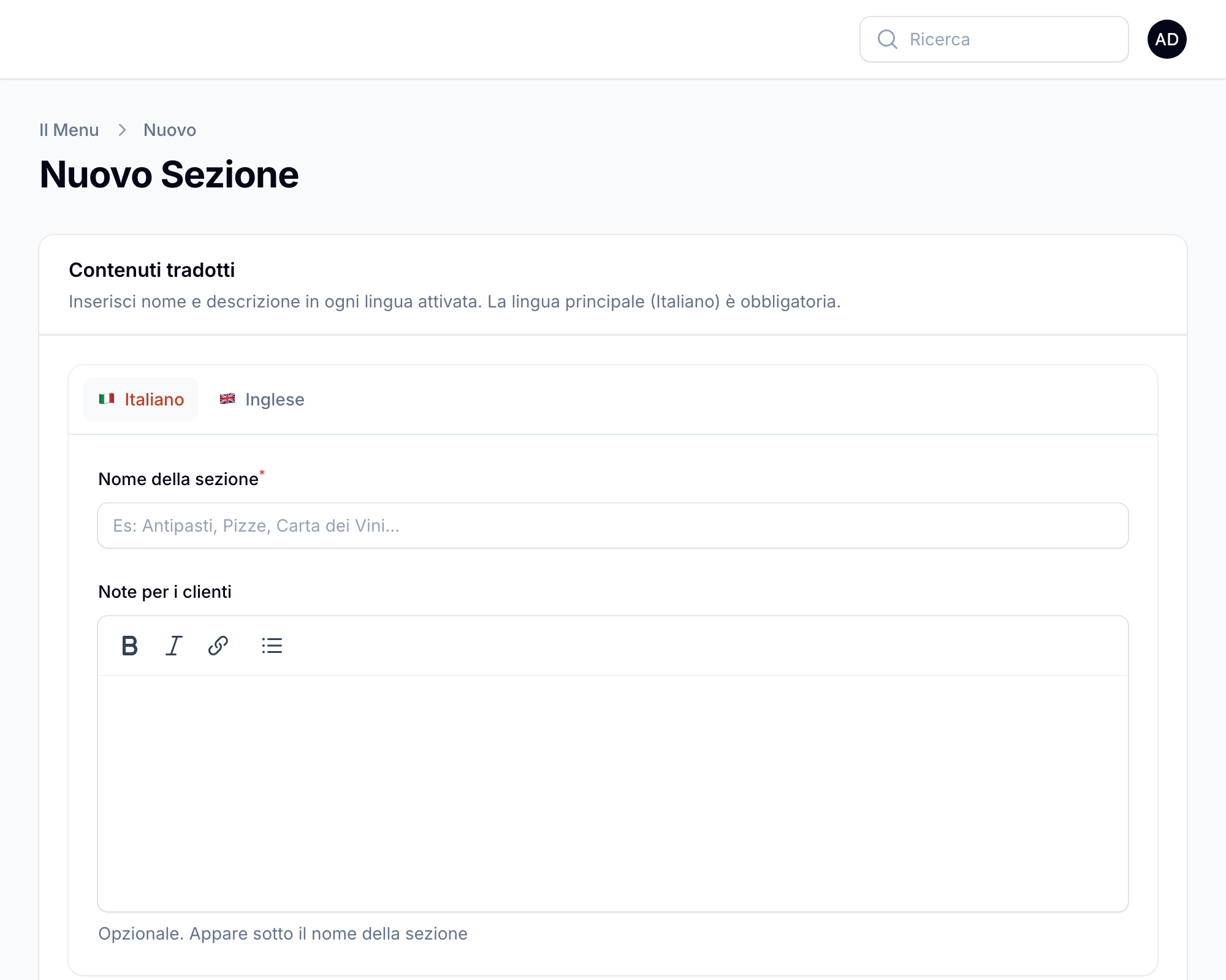 Form Nuova sezione, scheda Contenuti tradotti